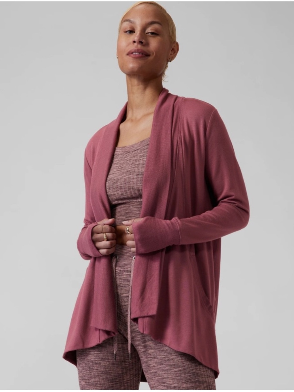 Athleta Pranayama Wrap Cardigan Size L Tawny Rose Modal Open Front
